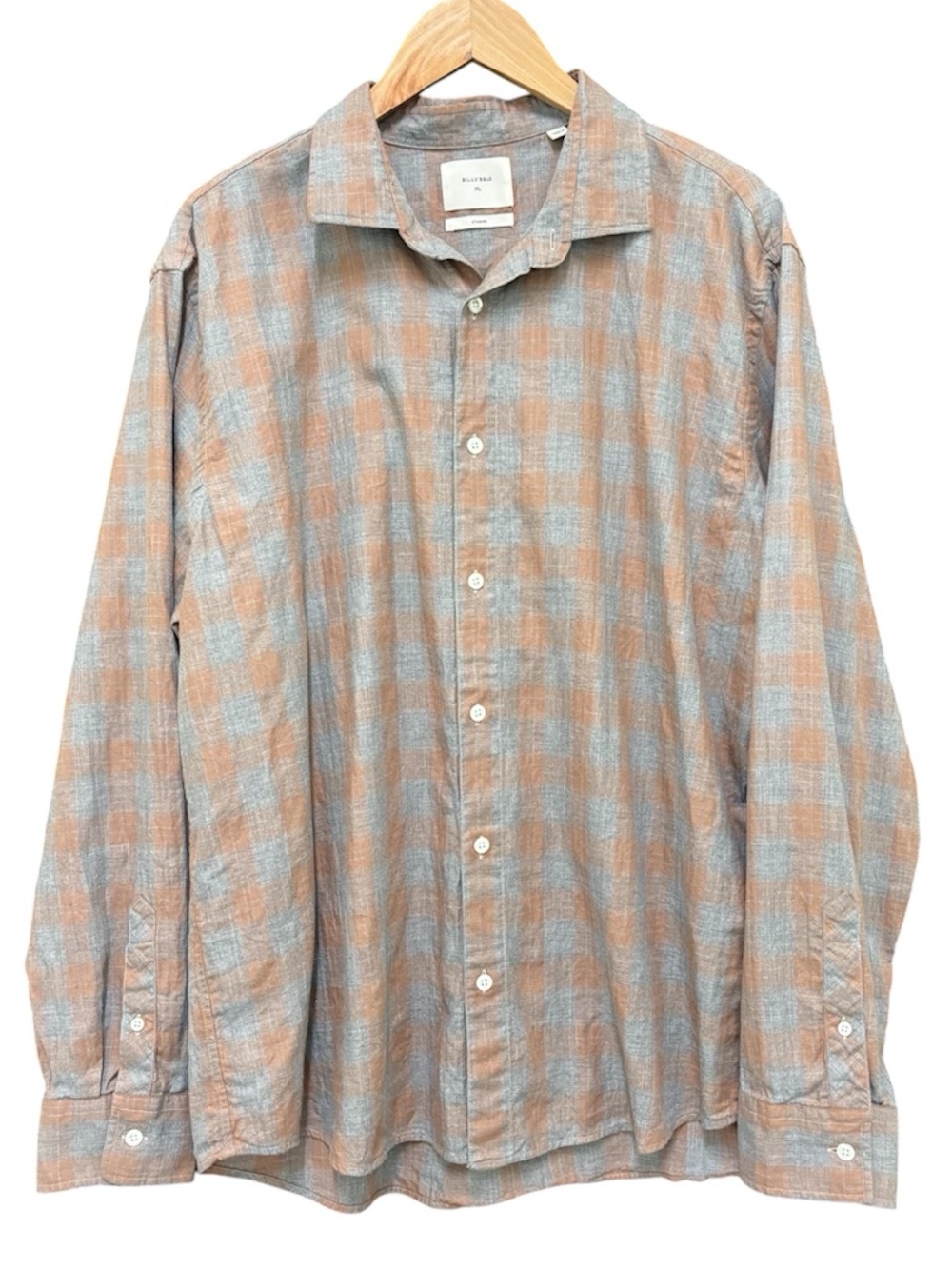 Billy Reid Men’s XL Plaid Button Front Shirt Gray Khaki 100% Cotton Long Sleeve